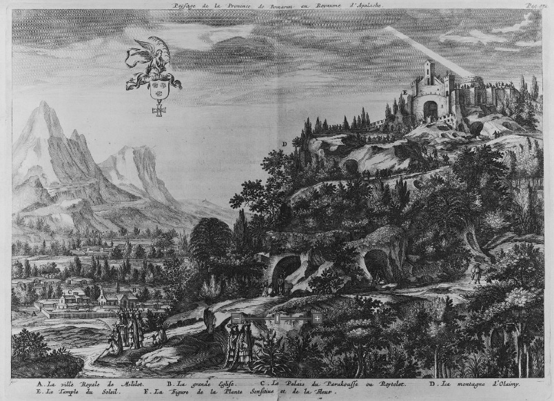 Romanticized illustration of the Apalache capital of Melilot and its temple atop Mount Olaimi