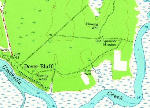 USGS topo map labels "Old Spanish Mission" in Dover Bluff area of Camden County, Georgia.