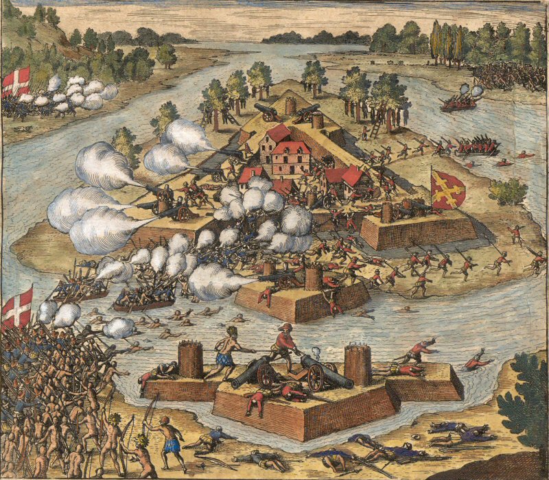 The re-taking of Fort Caroline by de Gourgues, showing the French and the Indians attacking from the shore and the Spanish starting to run away. Note Indian chief Olotacara using a pike to kill a Spaniard.